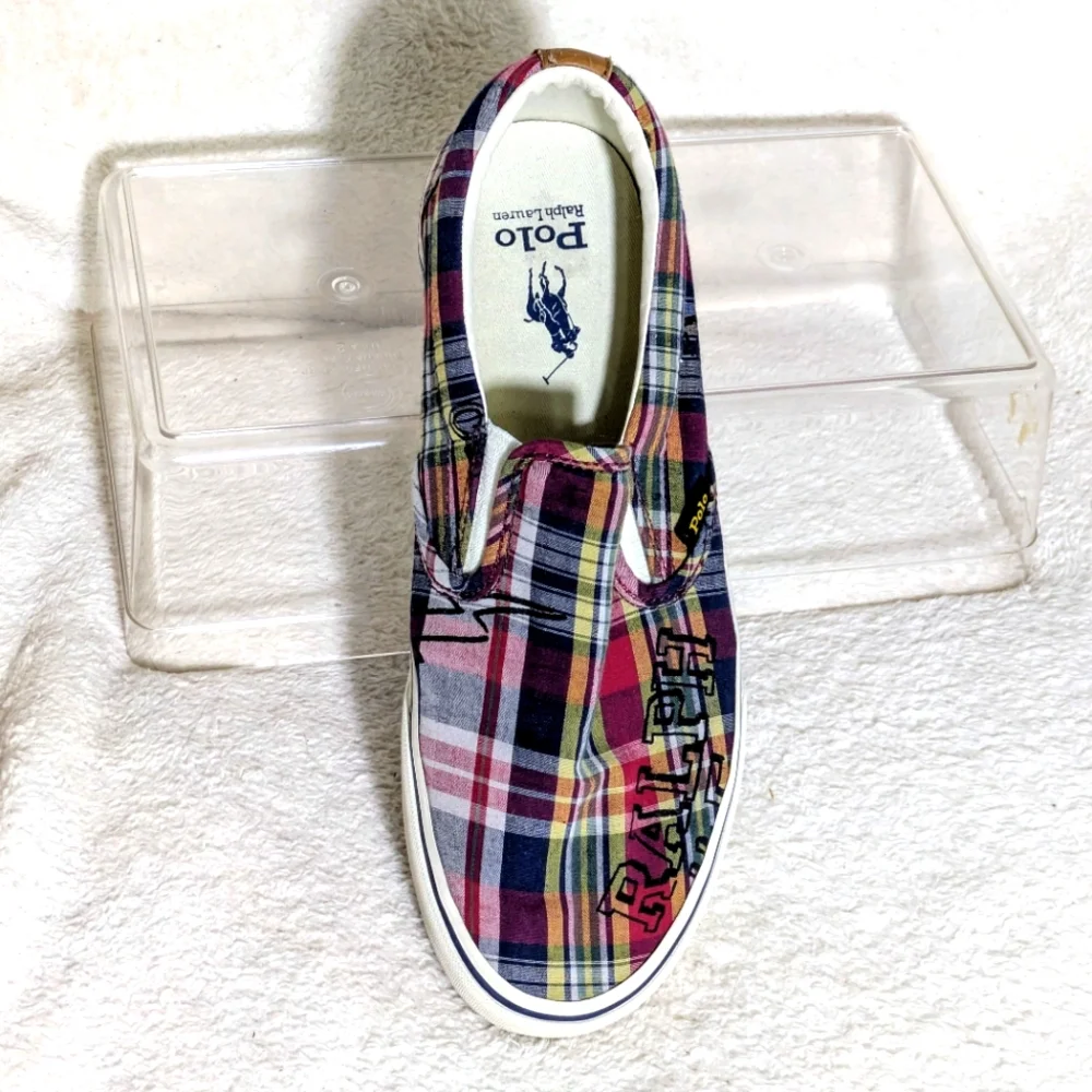 Polo Ralph Lauren Keaton Slip-On Madras Plaid Crest Overprint Sneakers Size 9.5‎